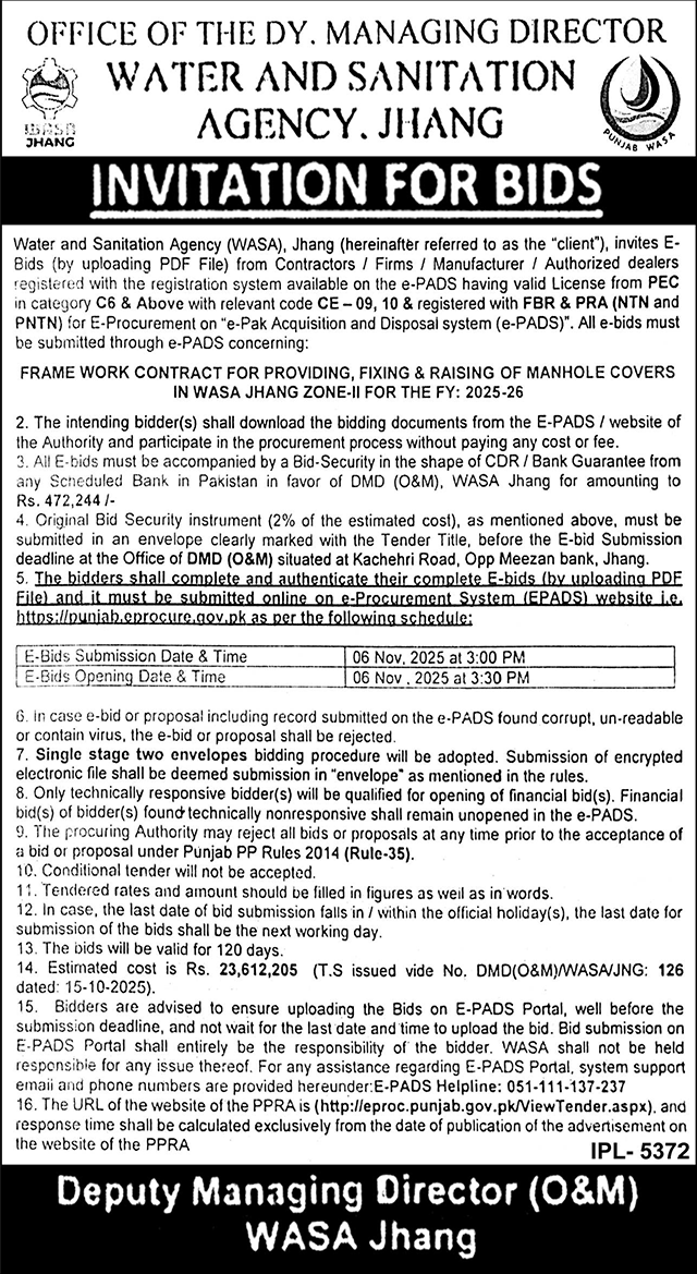WASA Jhang Tender Notice